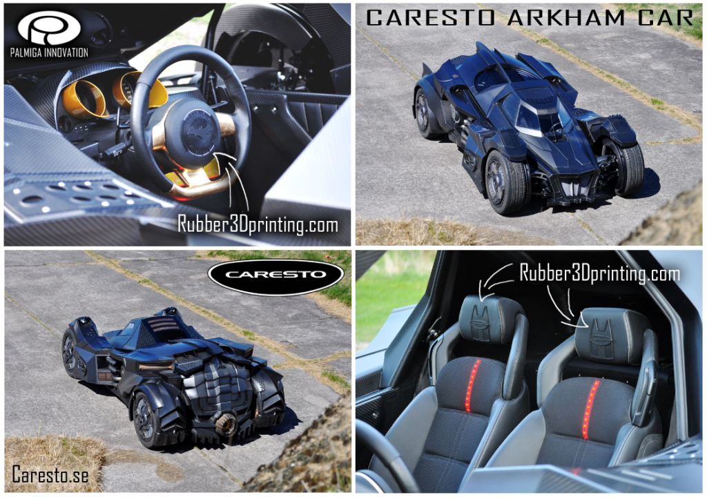 3D printed rubberlike parts in the Caresto Arkham Car - printed by Palmiga Innovation / Rubber3Dprinting.com